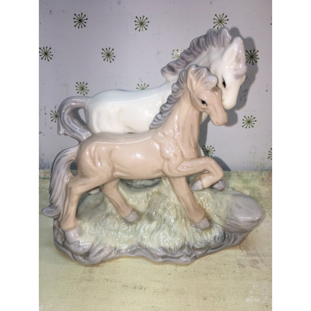 Loving Mare & Colt, Muted Colors Glazed, by R.O.C. Collectible Ceramic Porcelain